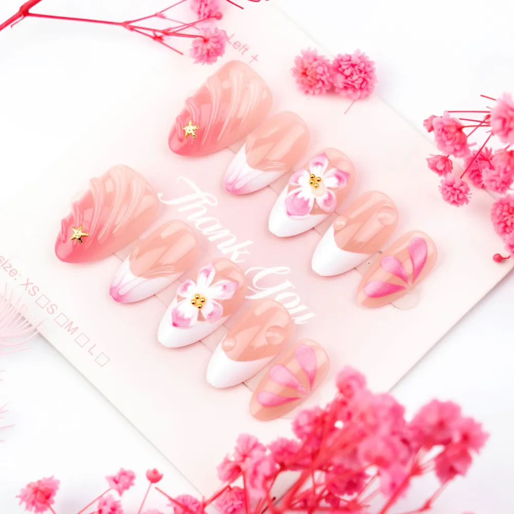 Nailhour 30Pcs Floral Gradient 3D Medium Almond French Press On Nails