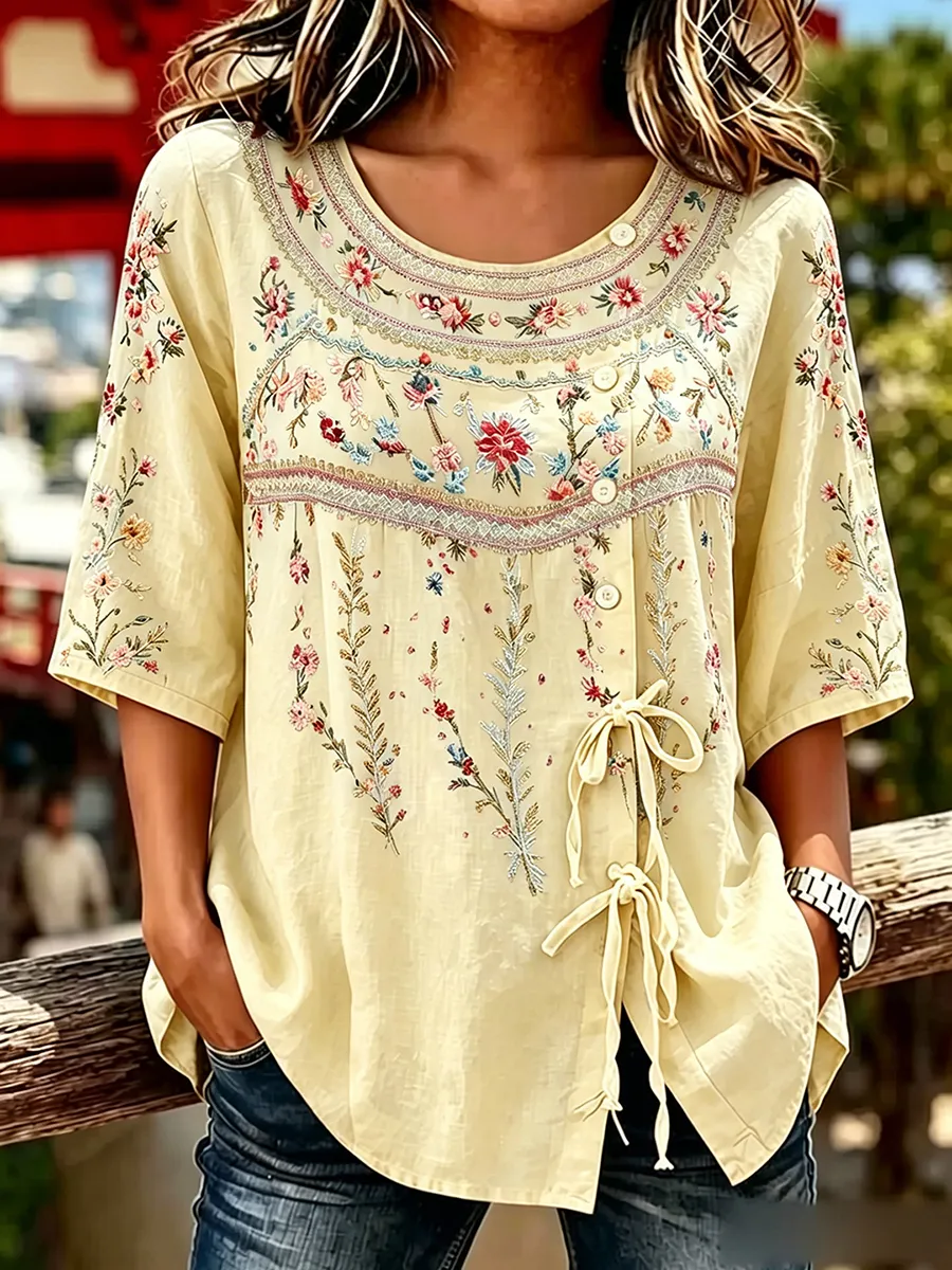 Women's  Floral Embroidered Tie Front 3/4 Sleeve Blouse
