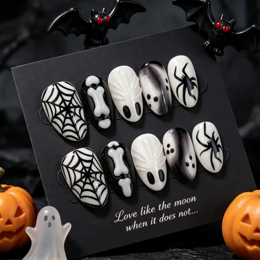 Nailhour 30Pcs Ghost Cute Halloween Short Almond Spider Web Press On Nails