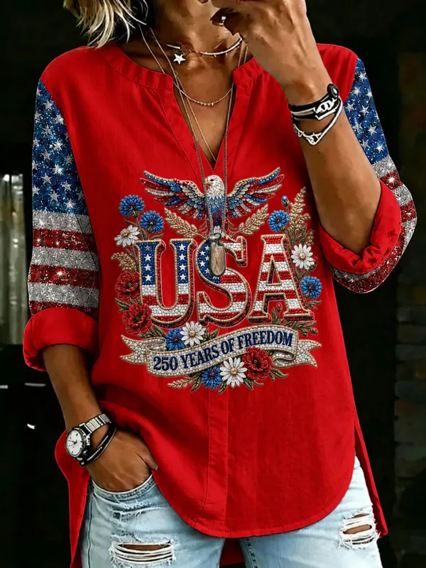 Women'S Retro Independence Day American Flag Notch V-Neck Top