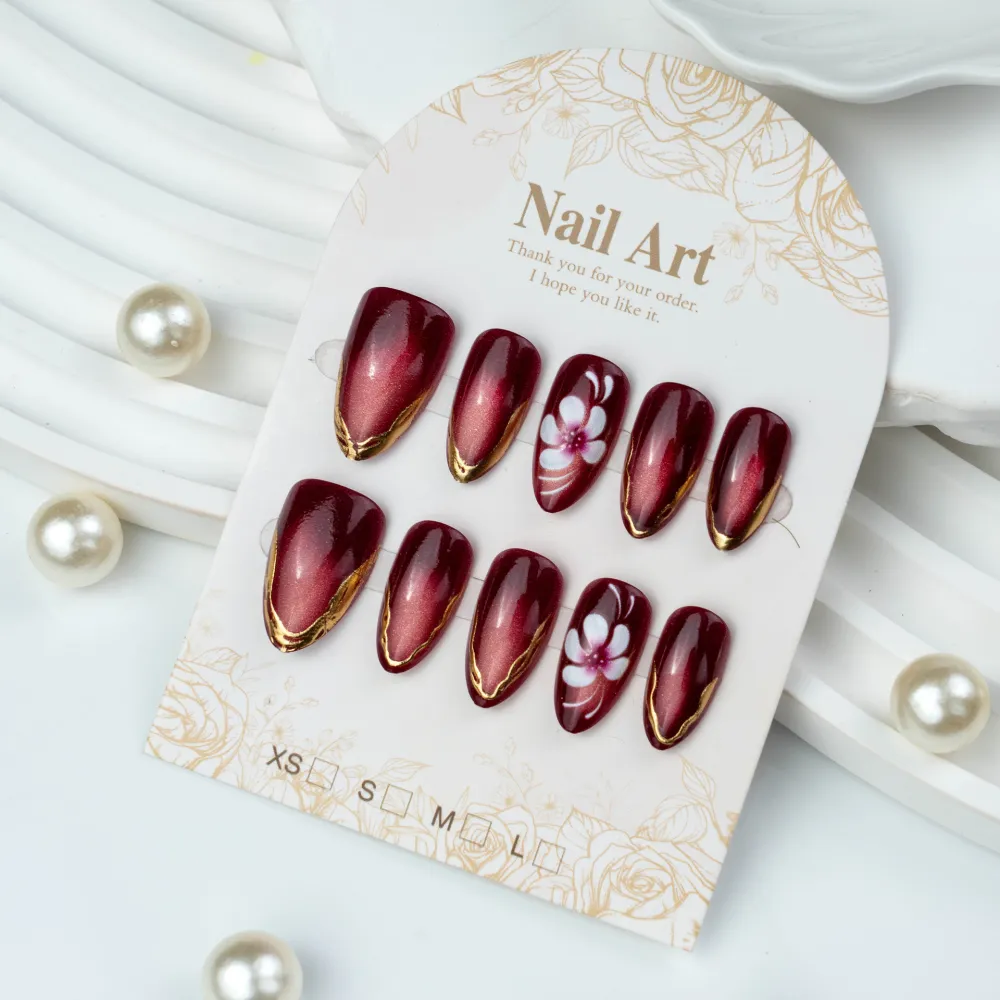 Nailhour 30Pcs Pink Gradient Cat Eye Medium Almond Press On Nails