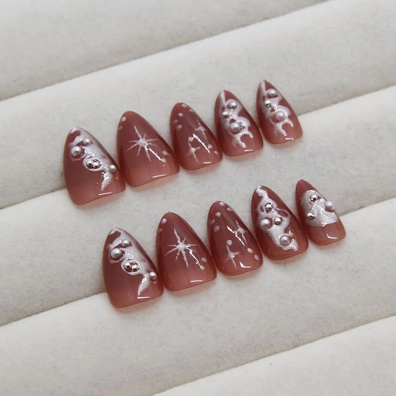 Nailhour 30Pcs 3D Dark Punk Red Rhinestone Party Short Almond Press On Nails