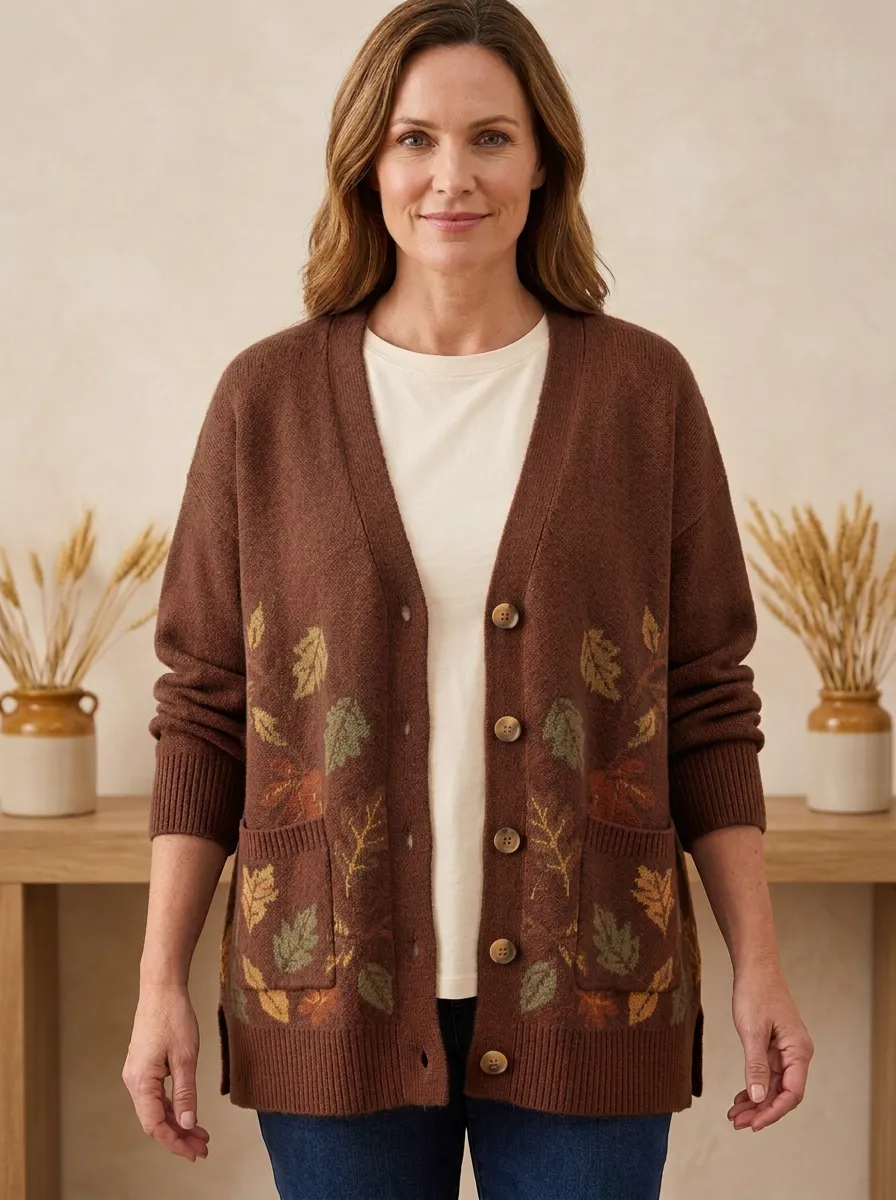 Leaves  Rust Patterned Women's Knit Cardigan