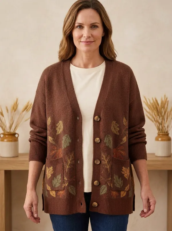 Leaves  Rust Patterned Women's Knit Cardigan