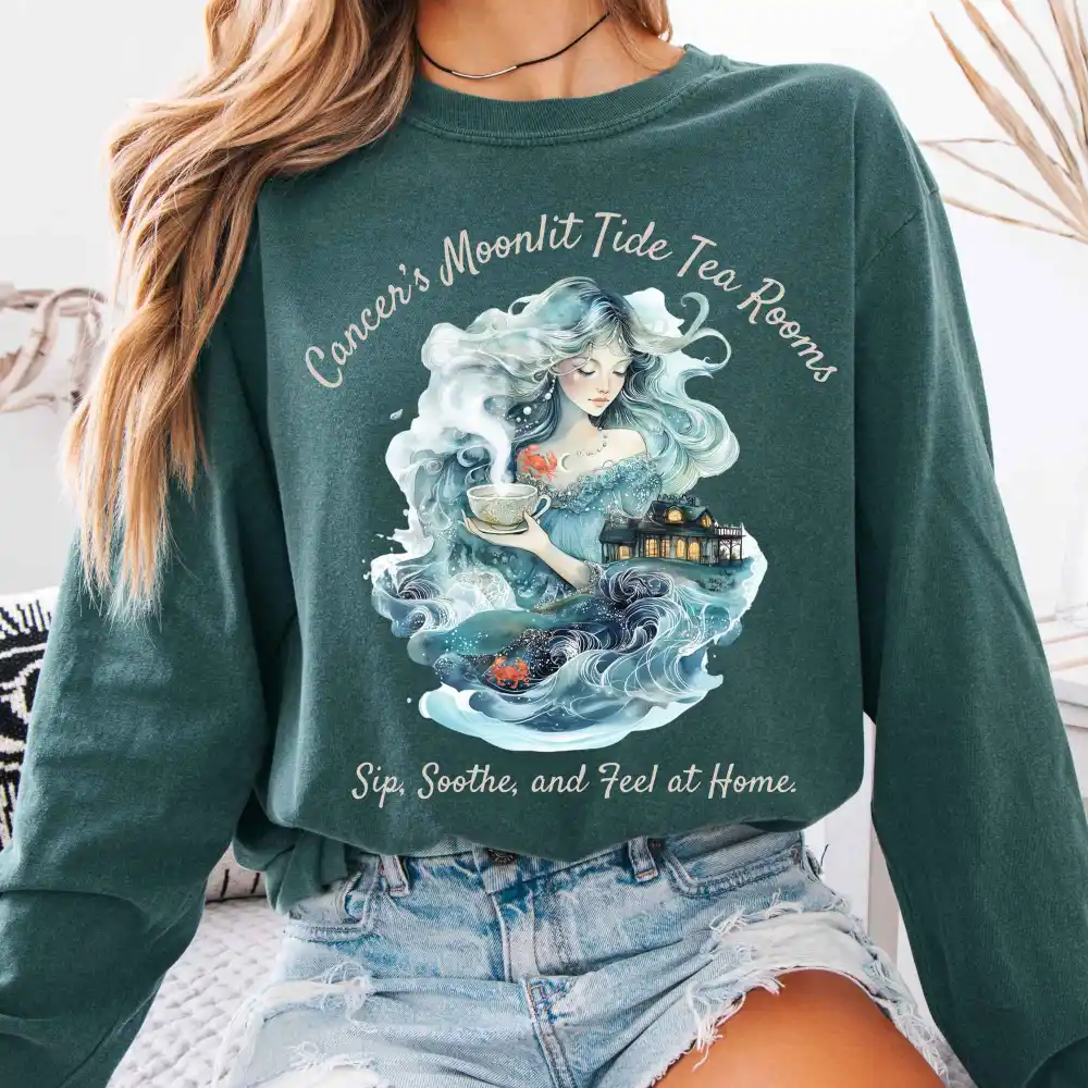 Cancer's Moonlit Tide Tea Rooms Zodiac Long Sleeve Tee
