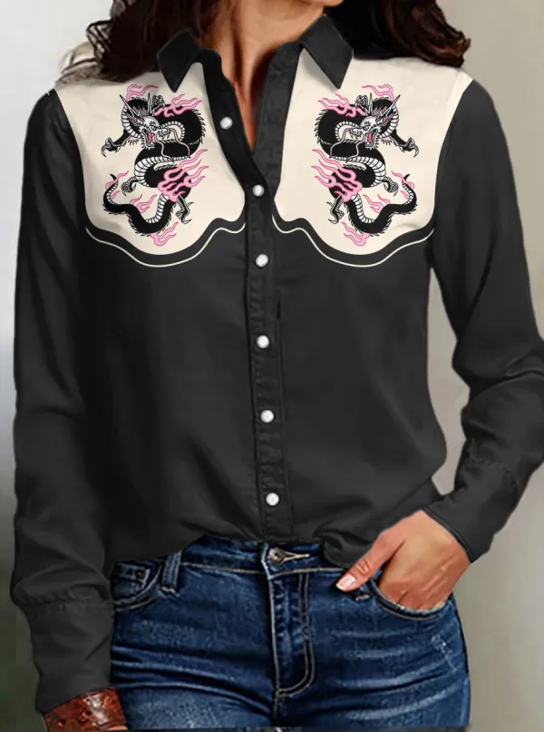 Women's Dragon Print Western Long Sleeve Shirt