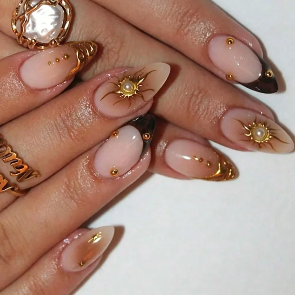 Nailhour 10pcs French Vintage Party Medium Almond Press On Nails