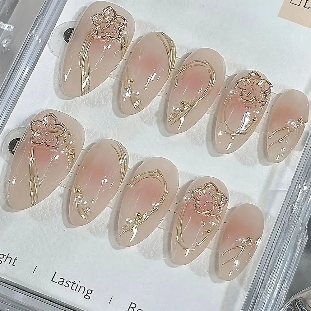 Nailhour 10Pcs French Floral Gradient Gilded Pink Medium Almond Press On Nails
