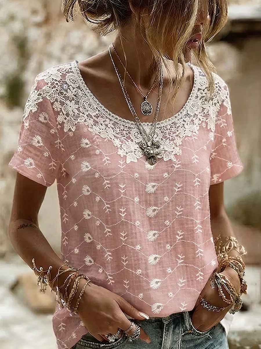 Women's Retro Floral Line Printed Round Neck Short Sleeve Linen Blended T-shirt