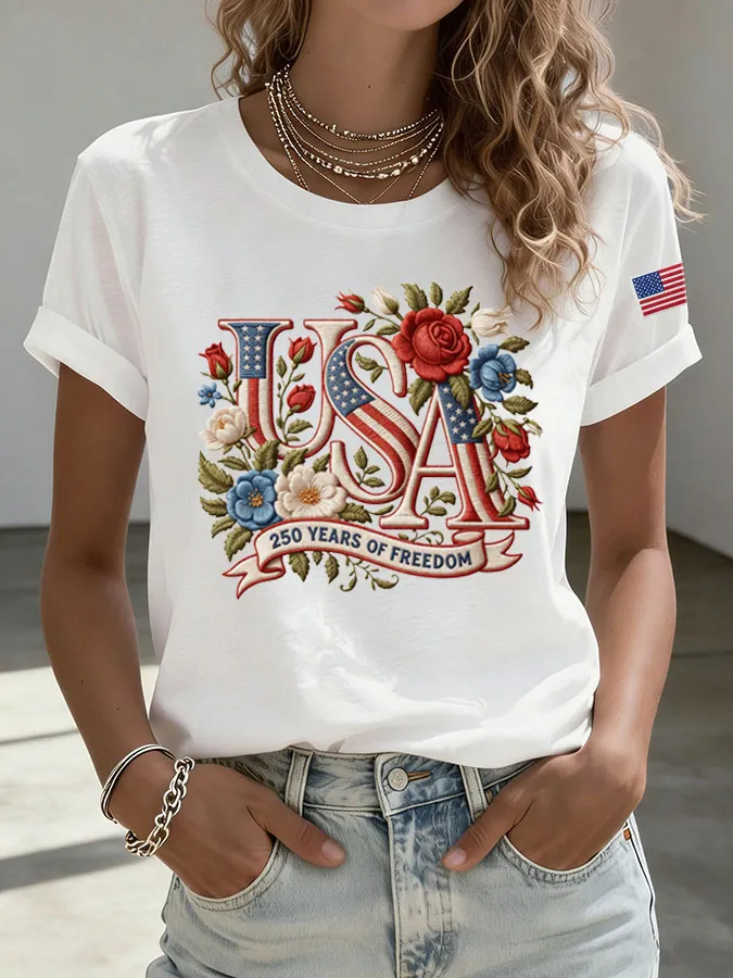 Women'S Flag Floral Printed Casual T-Shirt