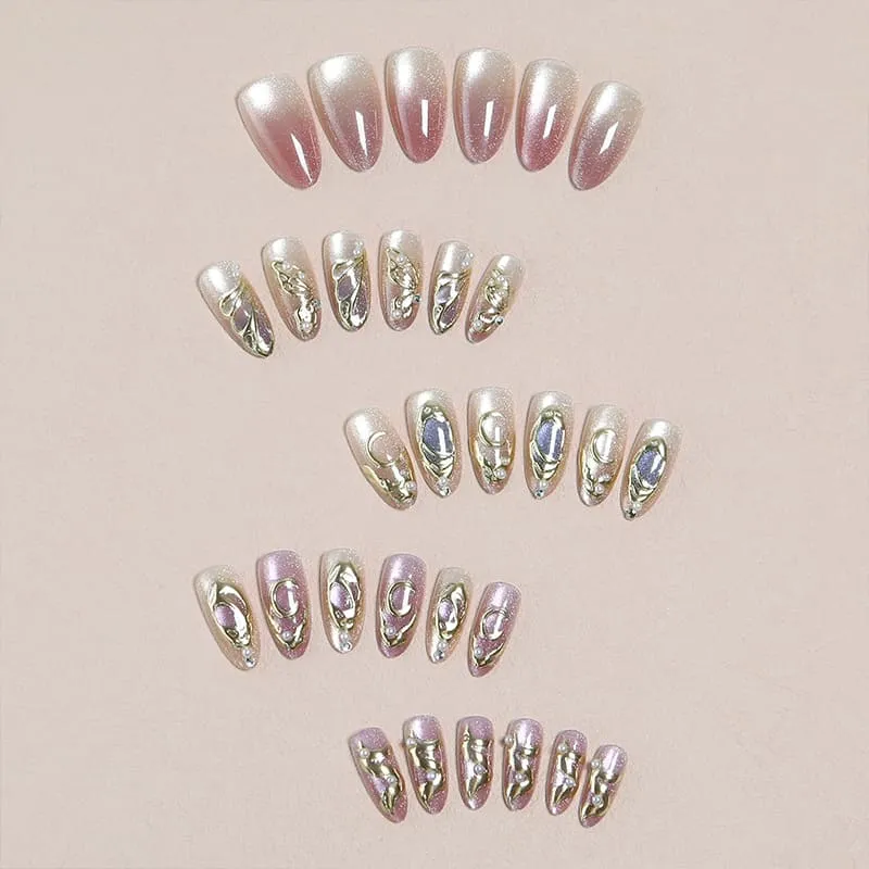Nailhour 30Pcs Nude 3D Gilded Medium Almond French Press On Nails