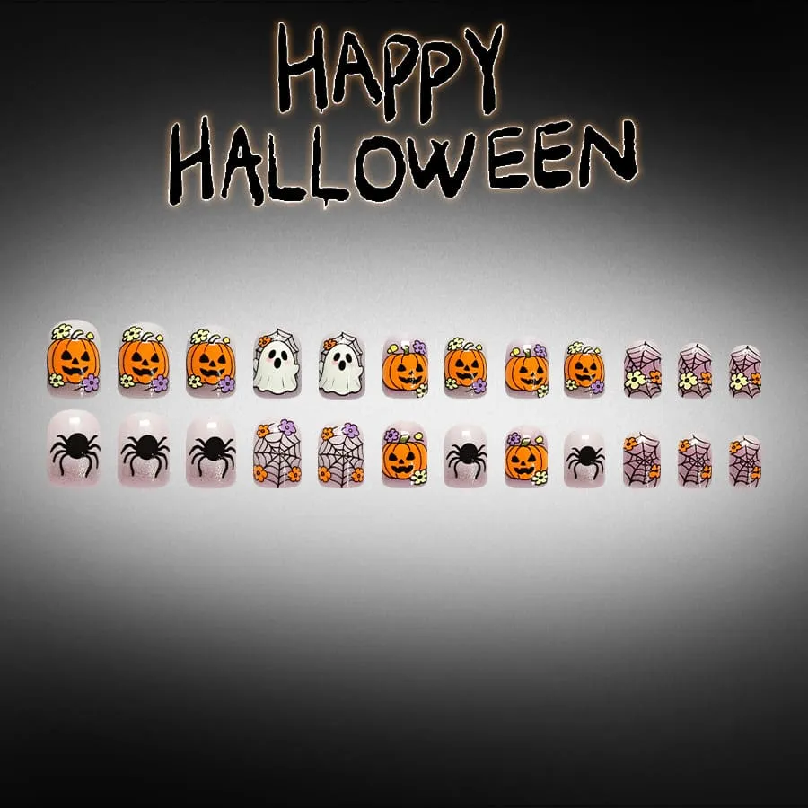 Nailhour 24Pcs Cute Pumpkin Ghost Halloween Short Squoval Press On Nails