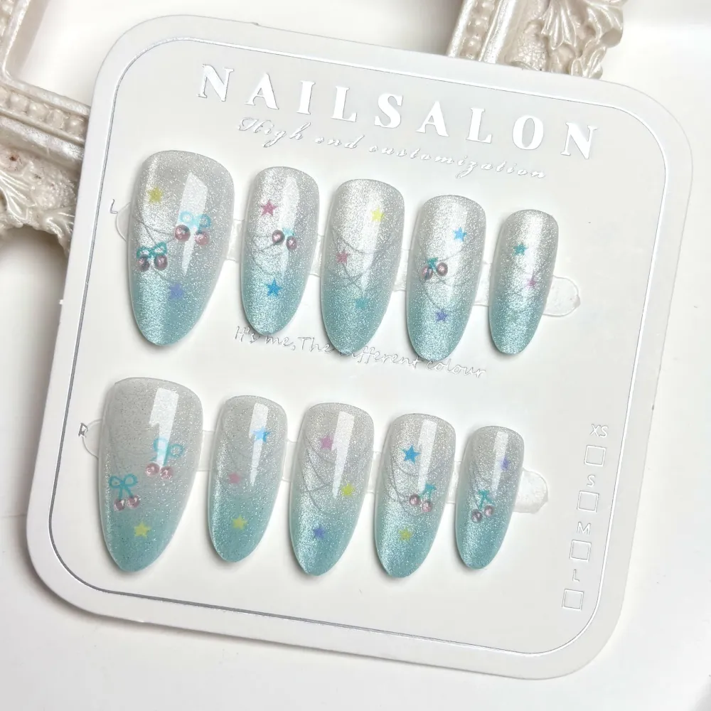 Nailhour 30Pcs Cat Eye Glitter Medium Almond Star Press On Nails
