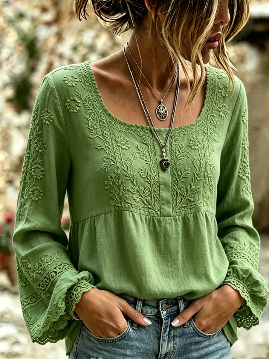 Women'S Retro Bohemian Style Plant Embroidered Printed T-Shirt