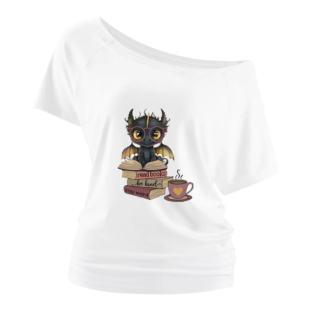 Dinosaur Book Prints Off Shoulder T-shirts