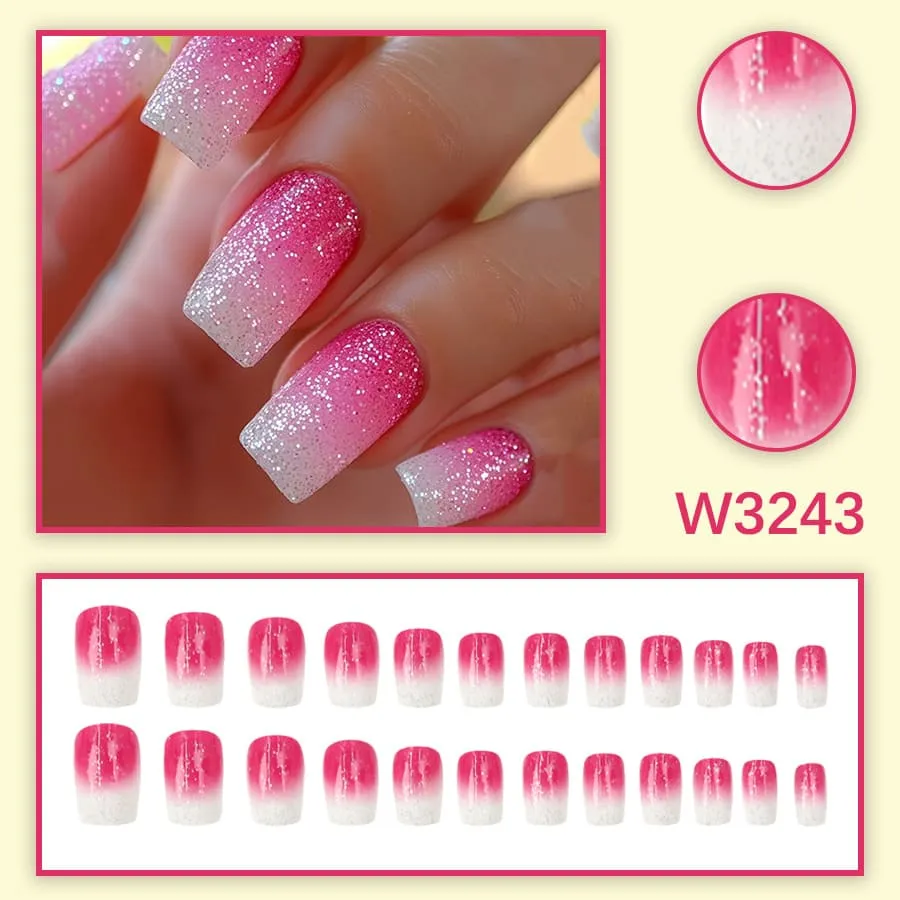 Nailhour 24Pcs Minimalist Pink French Medium Square Press On Nails