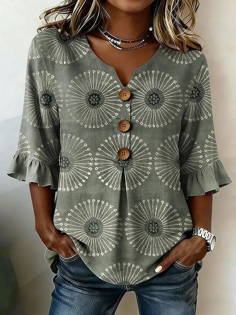 Vintage Floral Print Women's Linen Shirt
