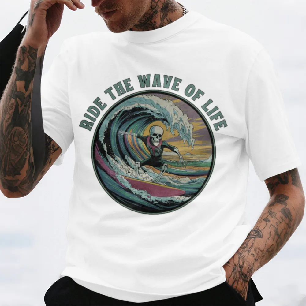 Surfing Skull Wave Themed Graphic T-Shirt