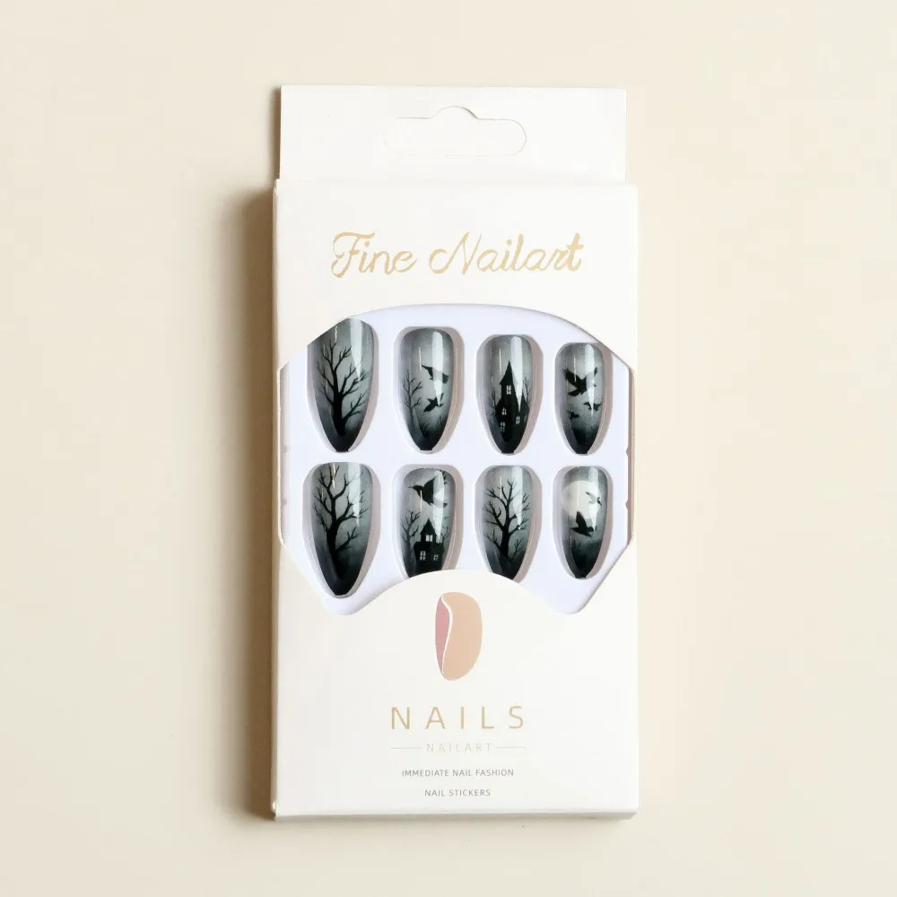 Nailhour 24Pcs Black Halloween Dark Raven Medium Almond Press On Nails