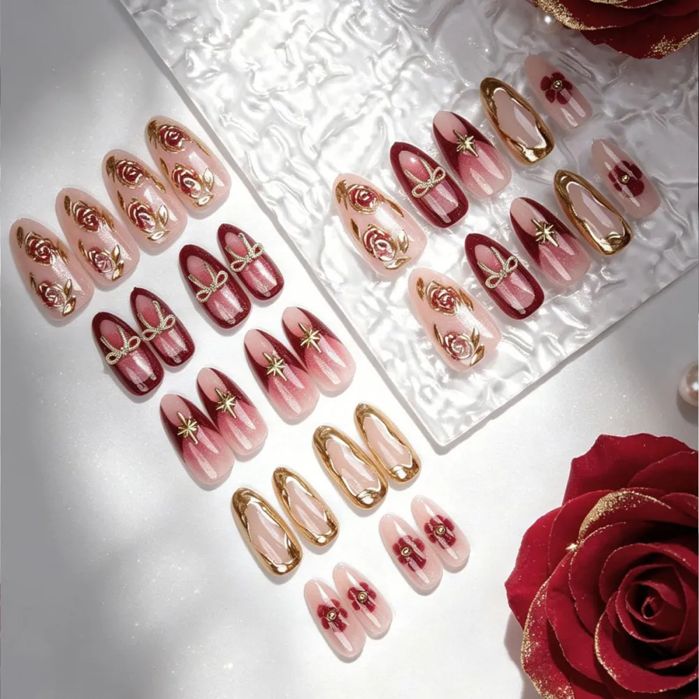 Nailhour 30Pcs Gilded Rose 3D Medium Almond Red Press On Nails