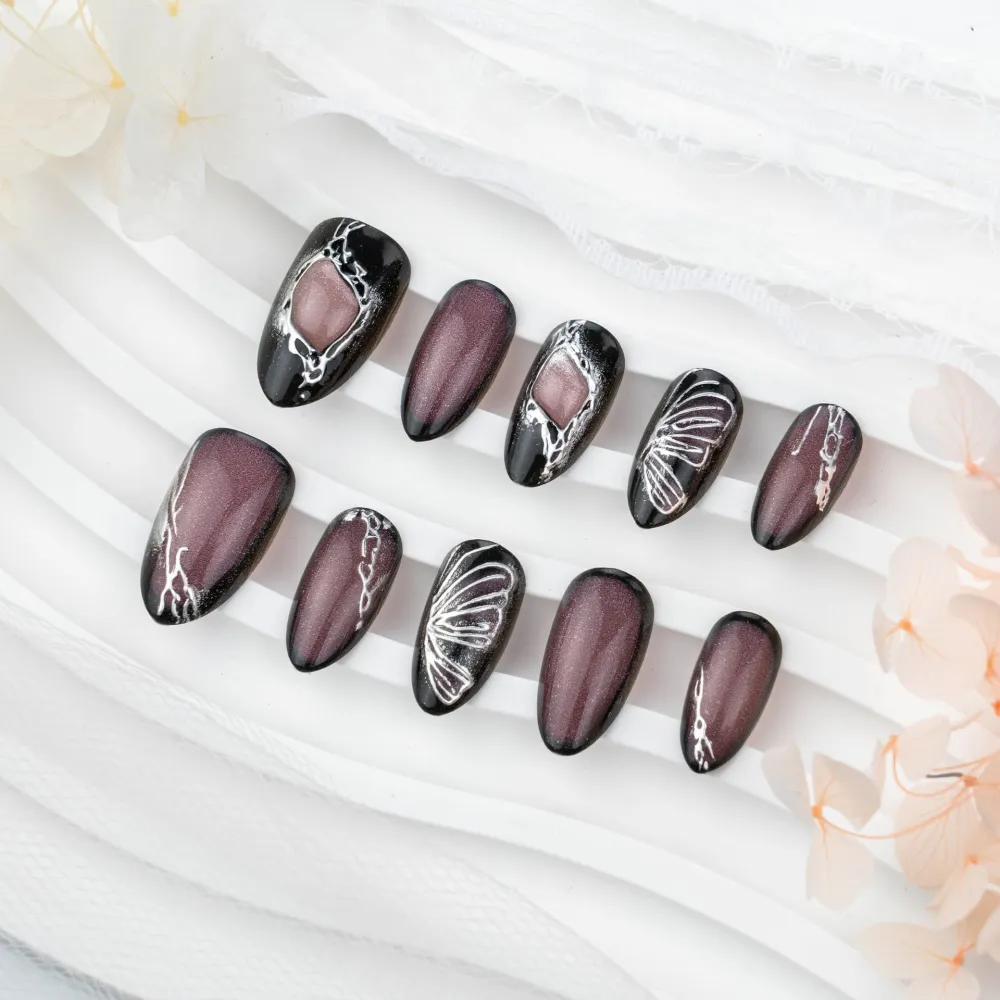 Nailhour 30Pcs Purple Gilded Gothic Medium Almond Press On Nails