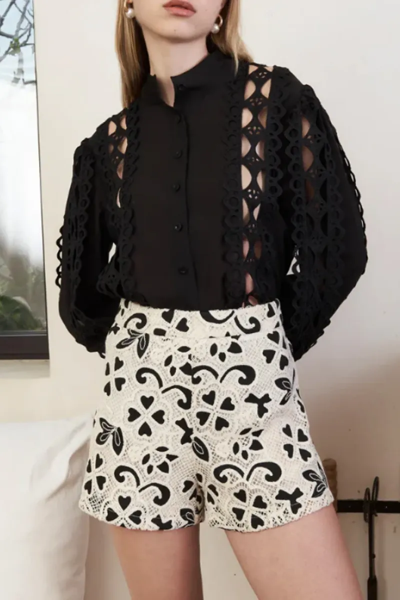 Cutout Detail Eyelet Embroidered Shirts