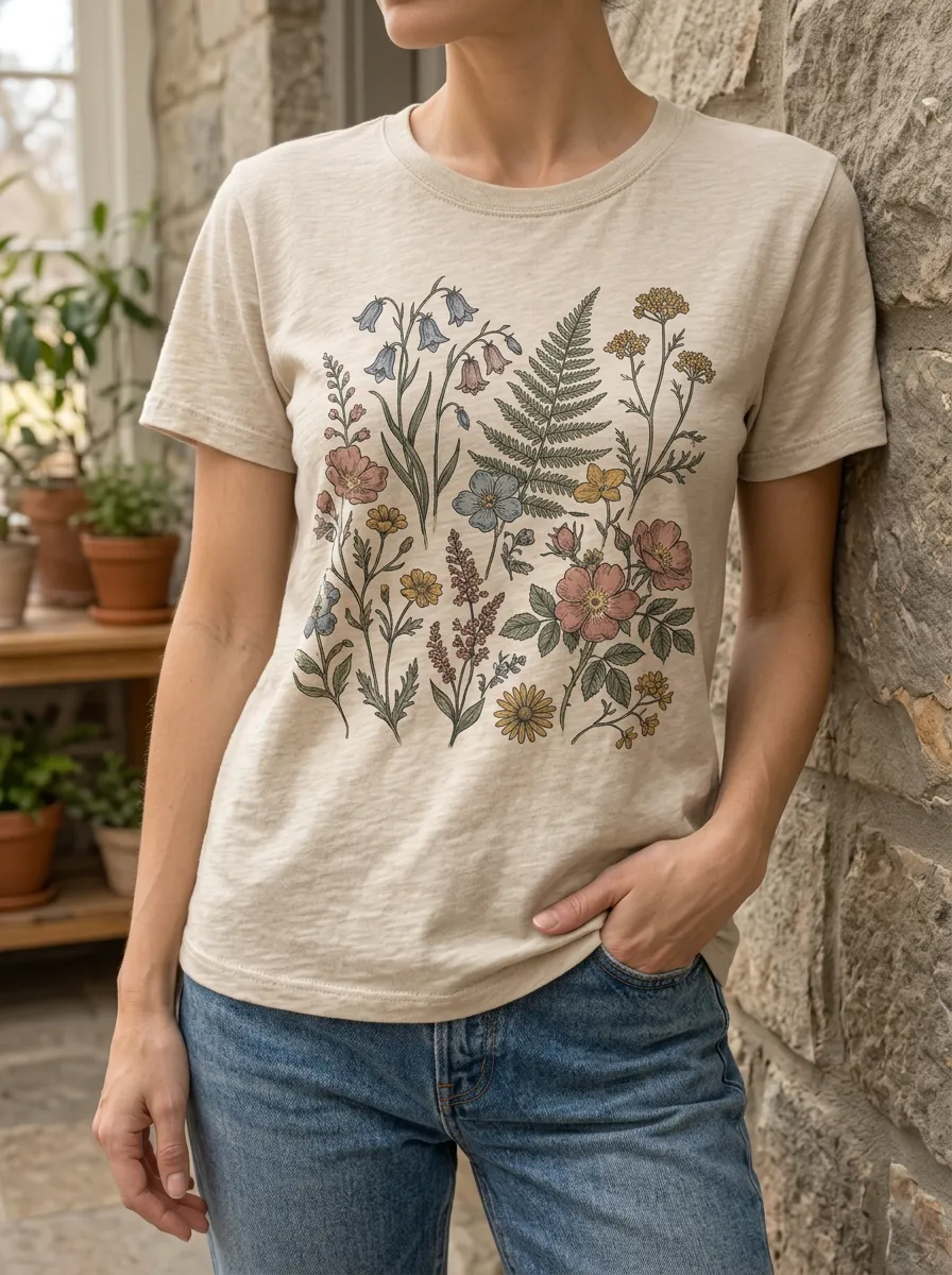 Women's Bloom Botanical Nature Lover Wildflower Fern Crew Neck T-Shirt