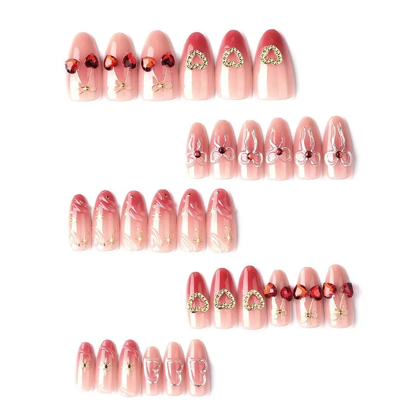 Nailhour 30Pcs Heart Bow 3D Medium Almond French Press On Nails