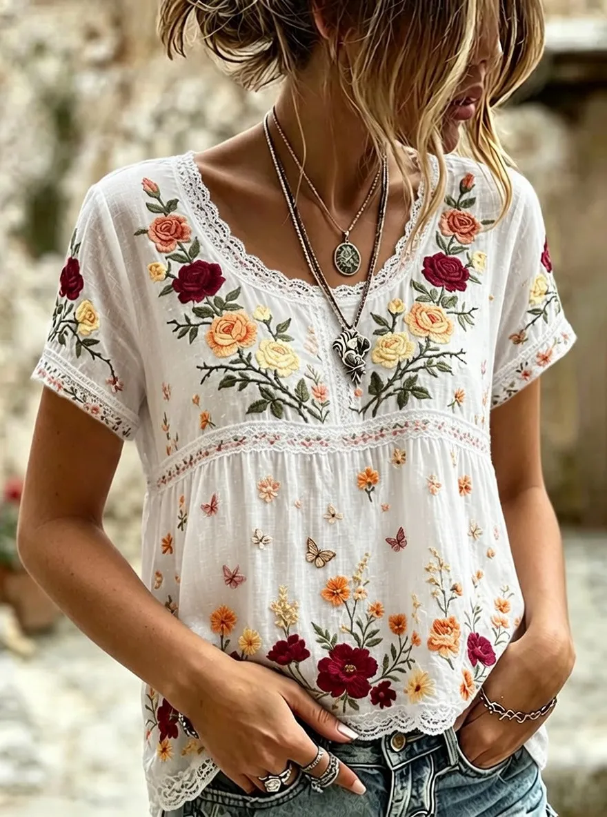 Women's Floral Boho Rose Butterfly Embroidered Printed T-shirt