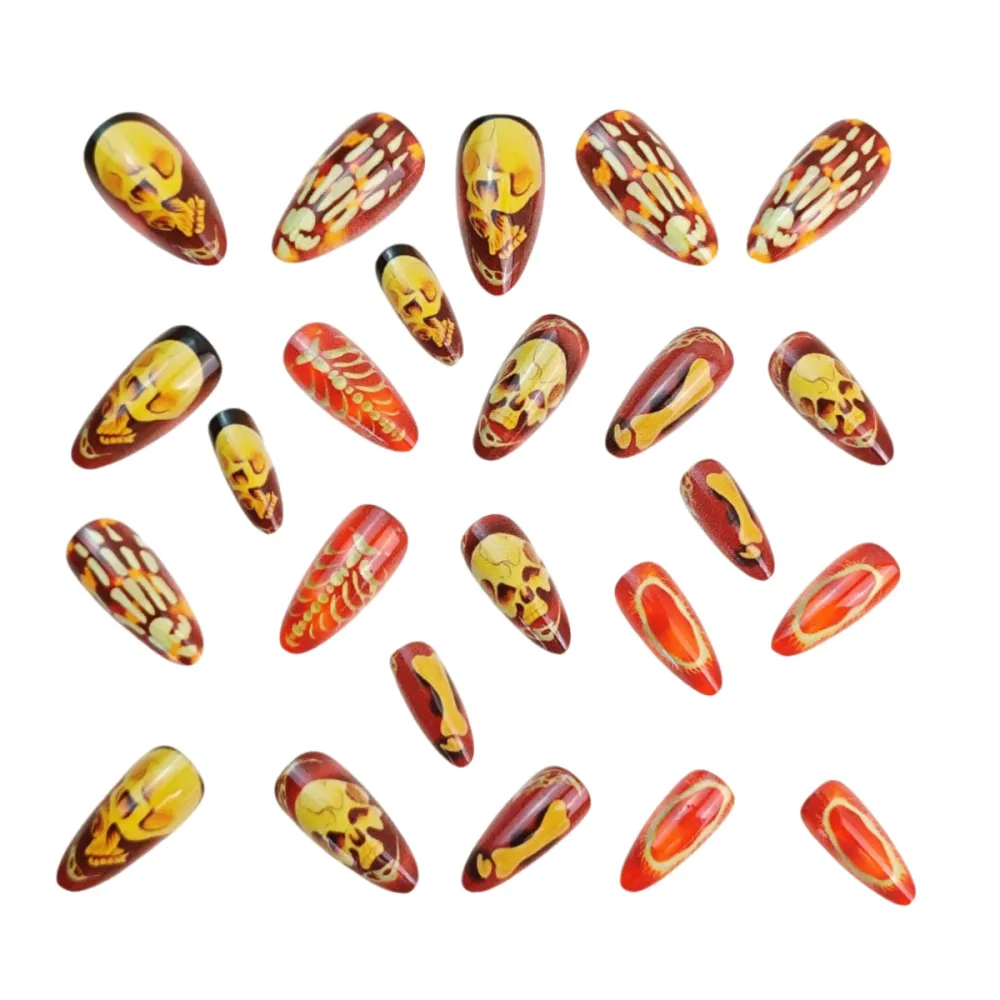 Nailhour 24Pcs Almond Punk Skull Brown Halloween Press On Nails