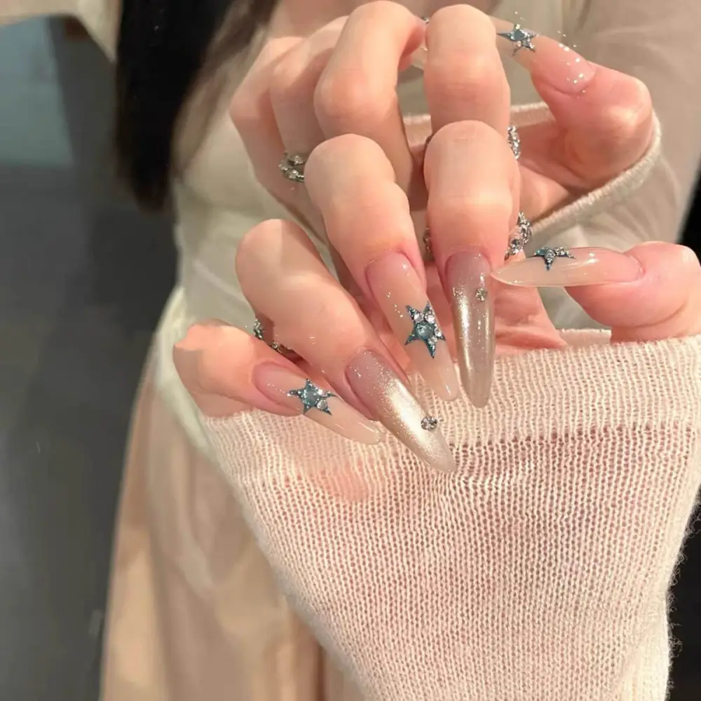 Nailhour 10Pcs Cat Eye Rhinestone Long Stiletto Press On Nails