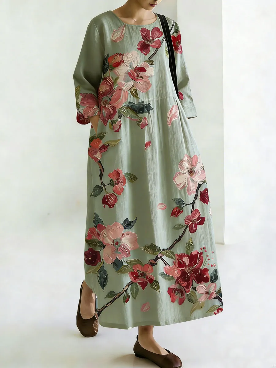 Vintage Boho Floral Design Women's Linen Maxi Dress