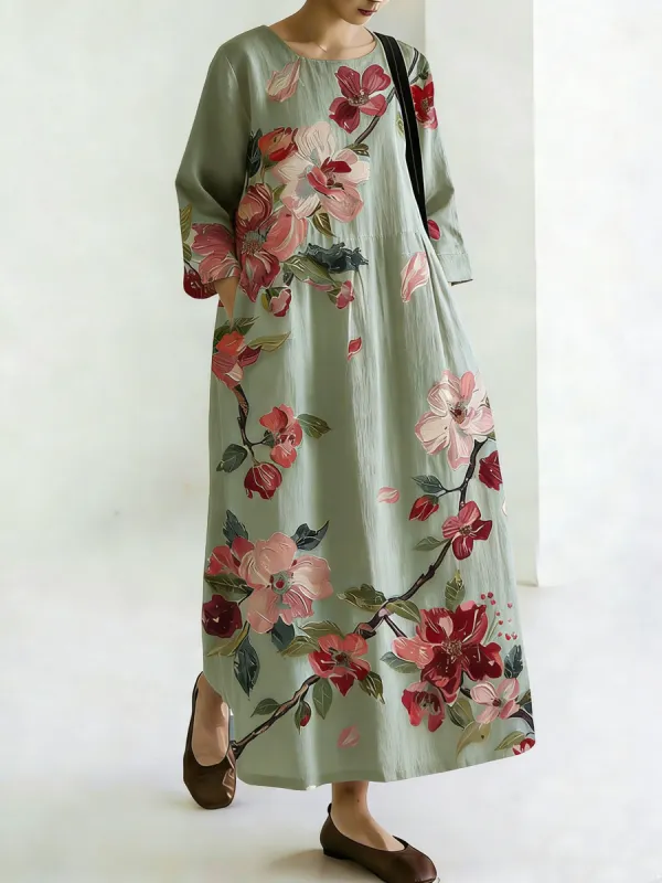 Vintage Boho Floral Design Women's Linen Maxi Dress