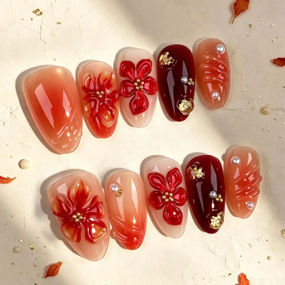 Nailhour 30Pcs Autumn Gilded 3D Medium Almond Almond On Nails