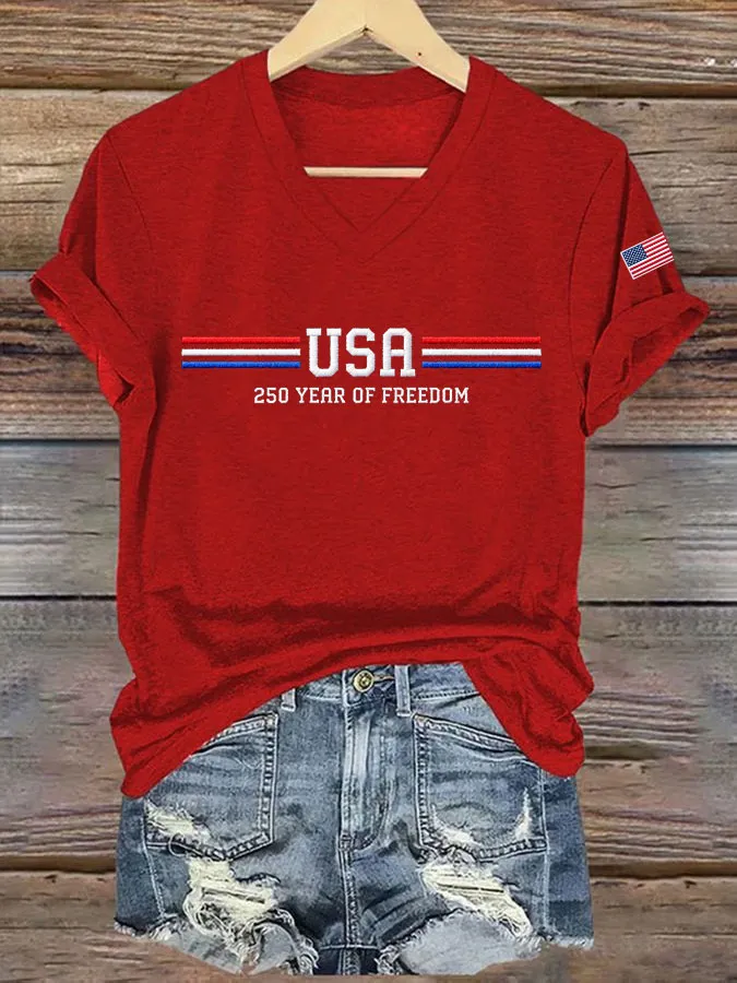 Women'S America Flag Print Casual V-Neck T-Shirt