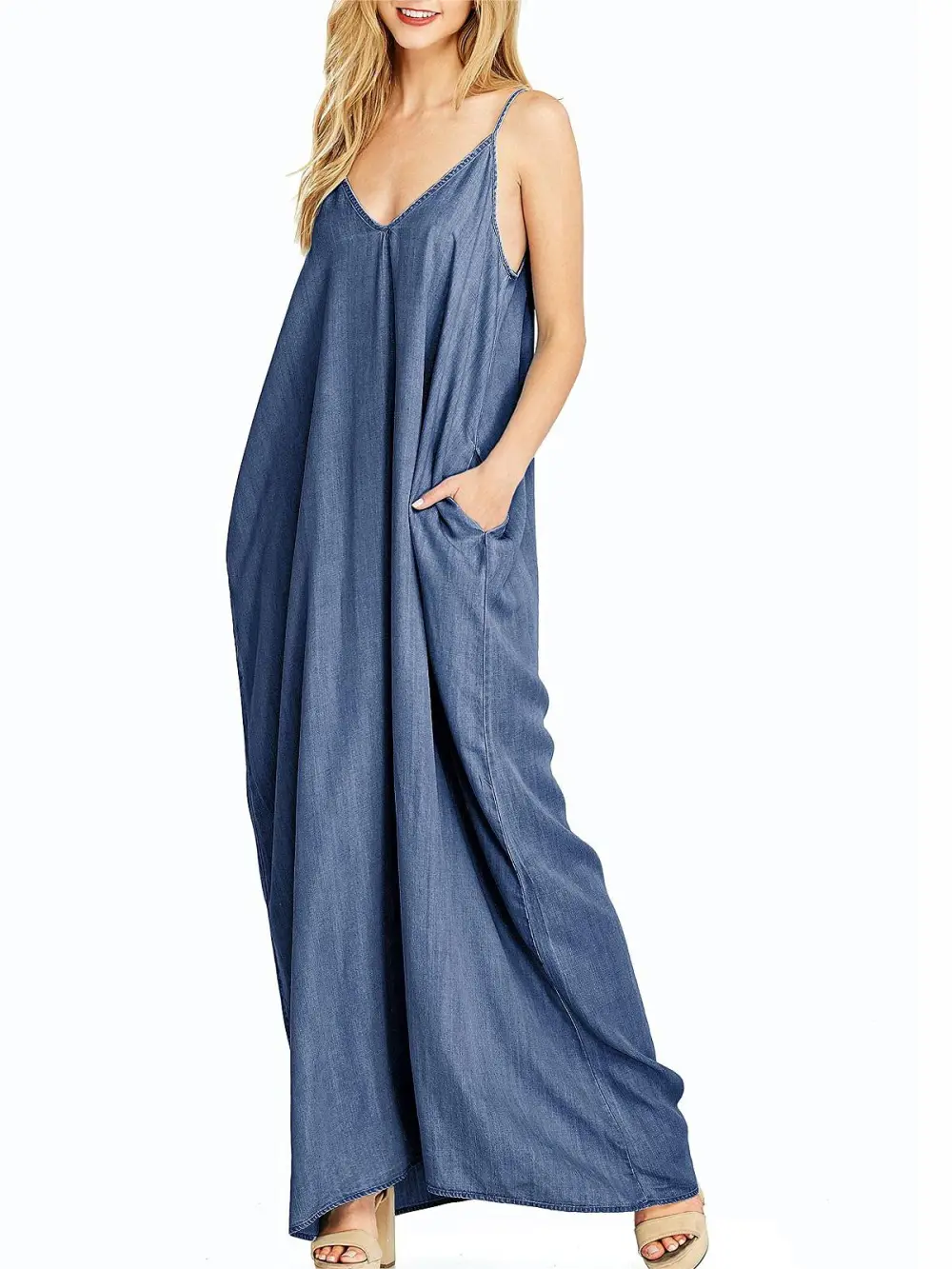 Navy Blue Pocketed Spaghetti - Strap Dress