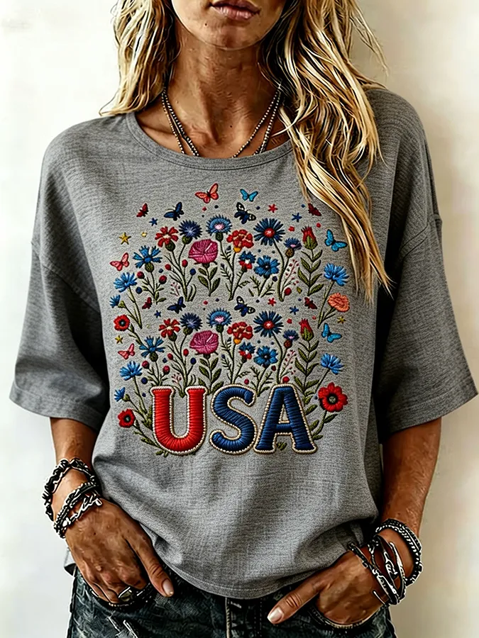 Women's USA Floral Embroidered Casual Loose Top
