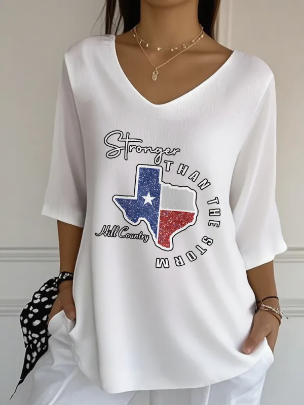 Ladies Casual Style STRONGER THAN THE STORM All-Match V-Neck Shirt