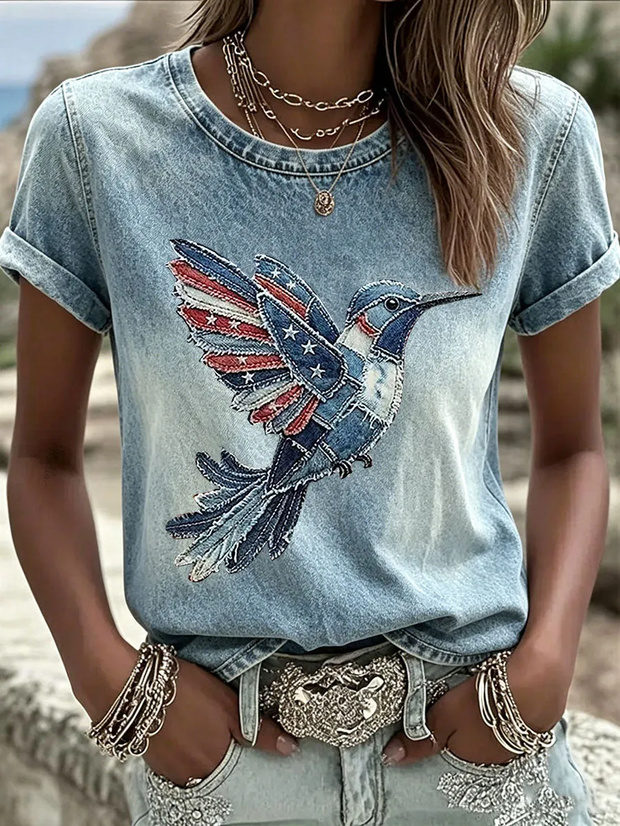 Women's American Flag Hummingbird Print Casual T-Shirt