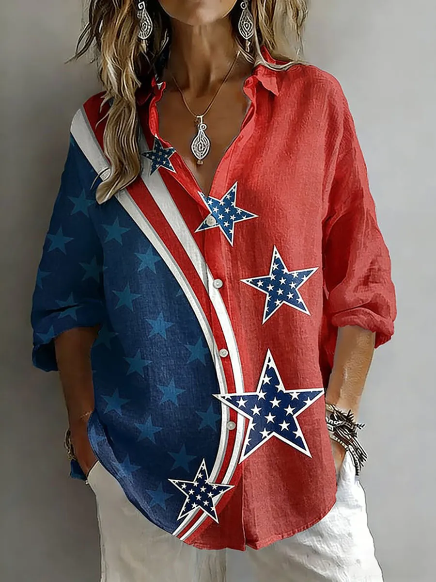Women'S Cotton Linen 250 Years Of America Print Casual Shirt