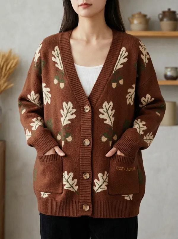 Rustic Oak Leaf Acorn Pattern Patterned Women's Knit Cardigan