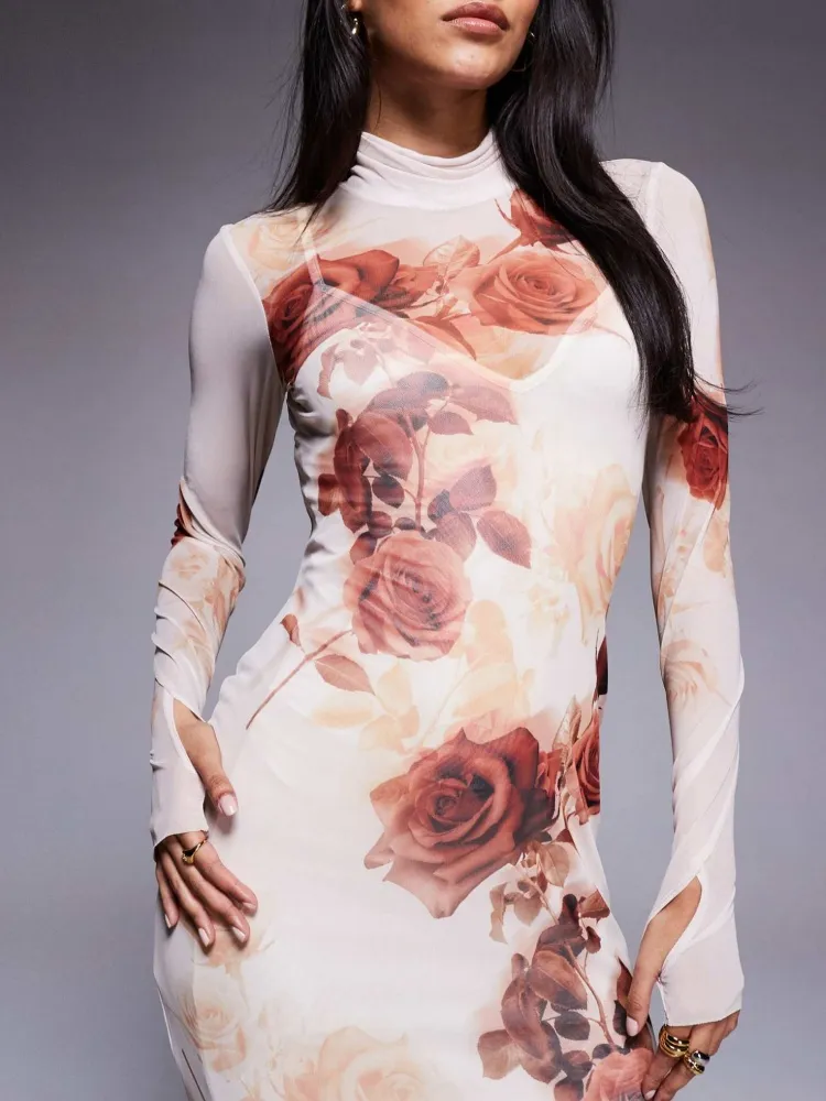 Rose Printed Turtleneck Slim Fit Dress