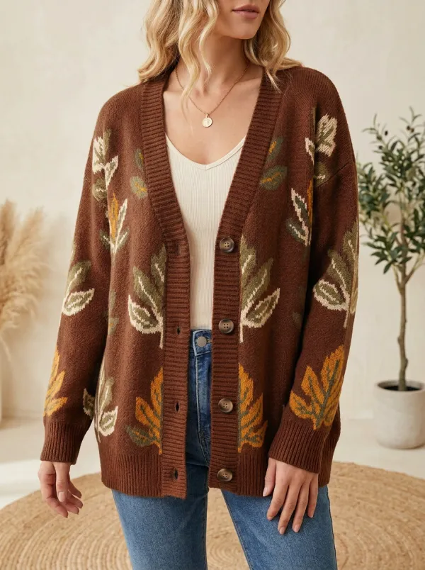 Botanical Leaf Pattern Patterned Women's Knit Cardigan