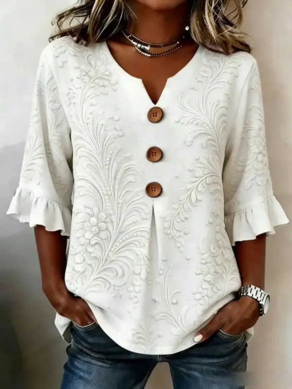 Elegant Floral Print Women's Linen Shirt