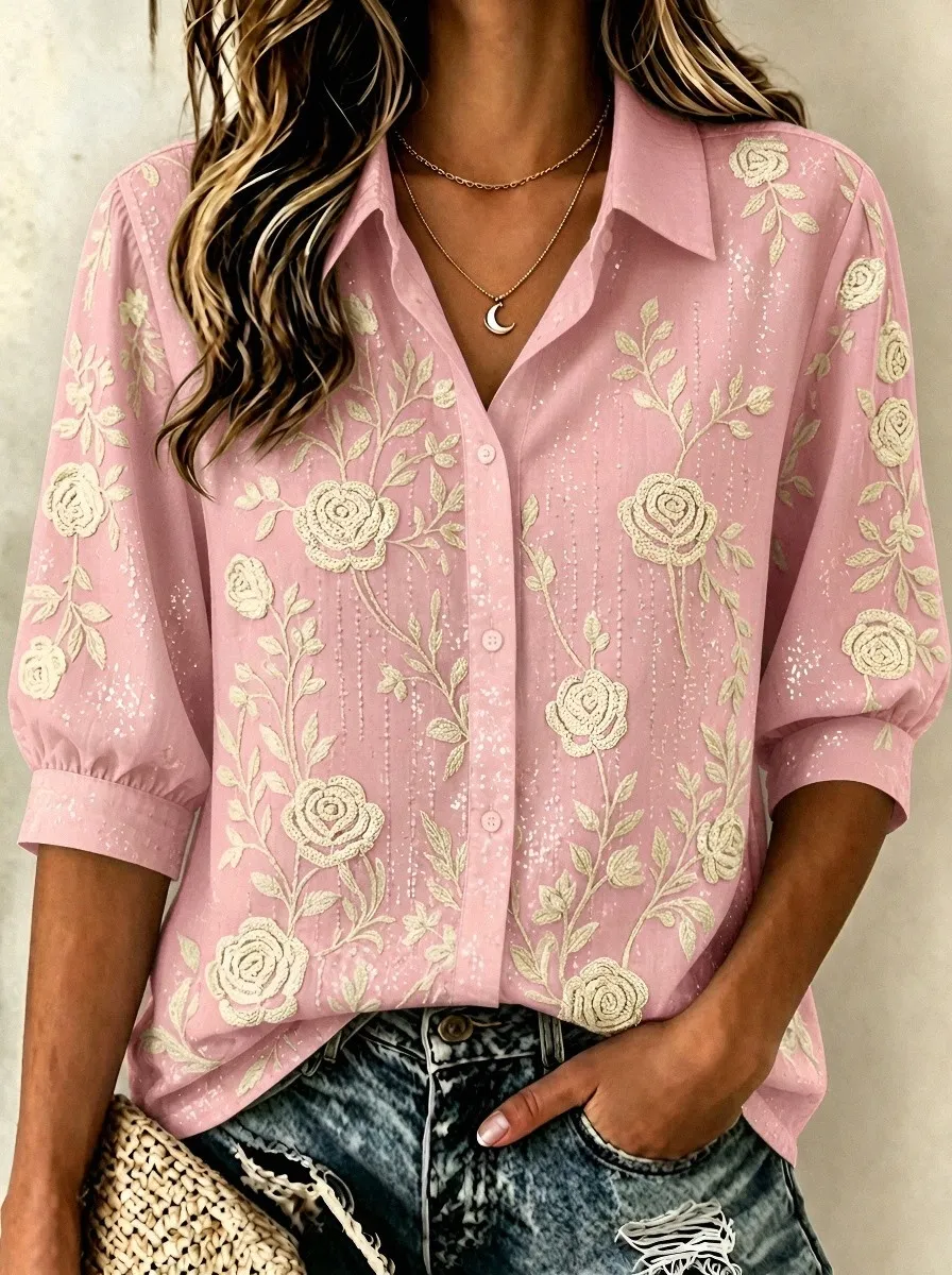 Women's Breast Cancer Awareness Rose Floral Embroidered Printed Shirt