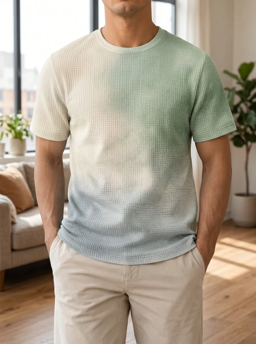 Men's Casual Ombre Waffle Knit Signature Crew Neck T-Shirt