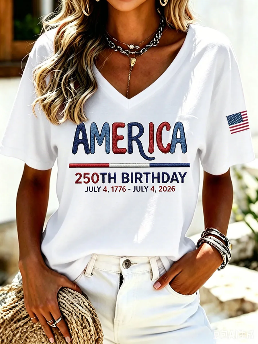 250th Anniversary American Embroidery Commemorative V-neck Short sleeved T-shirt