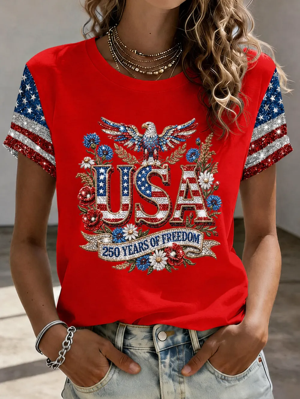 Women'S American Independence Day 250Th Anniversary Printed Short Sleeved T-Shirt