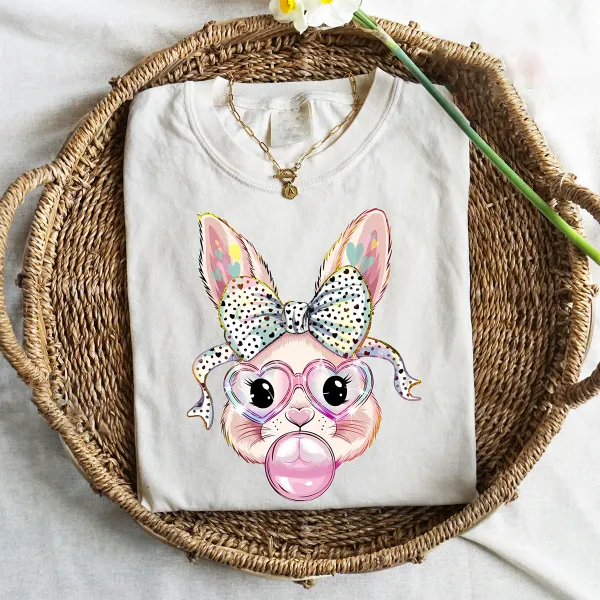 Bow Adorned Bunny Print T-Shirt