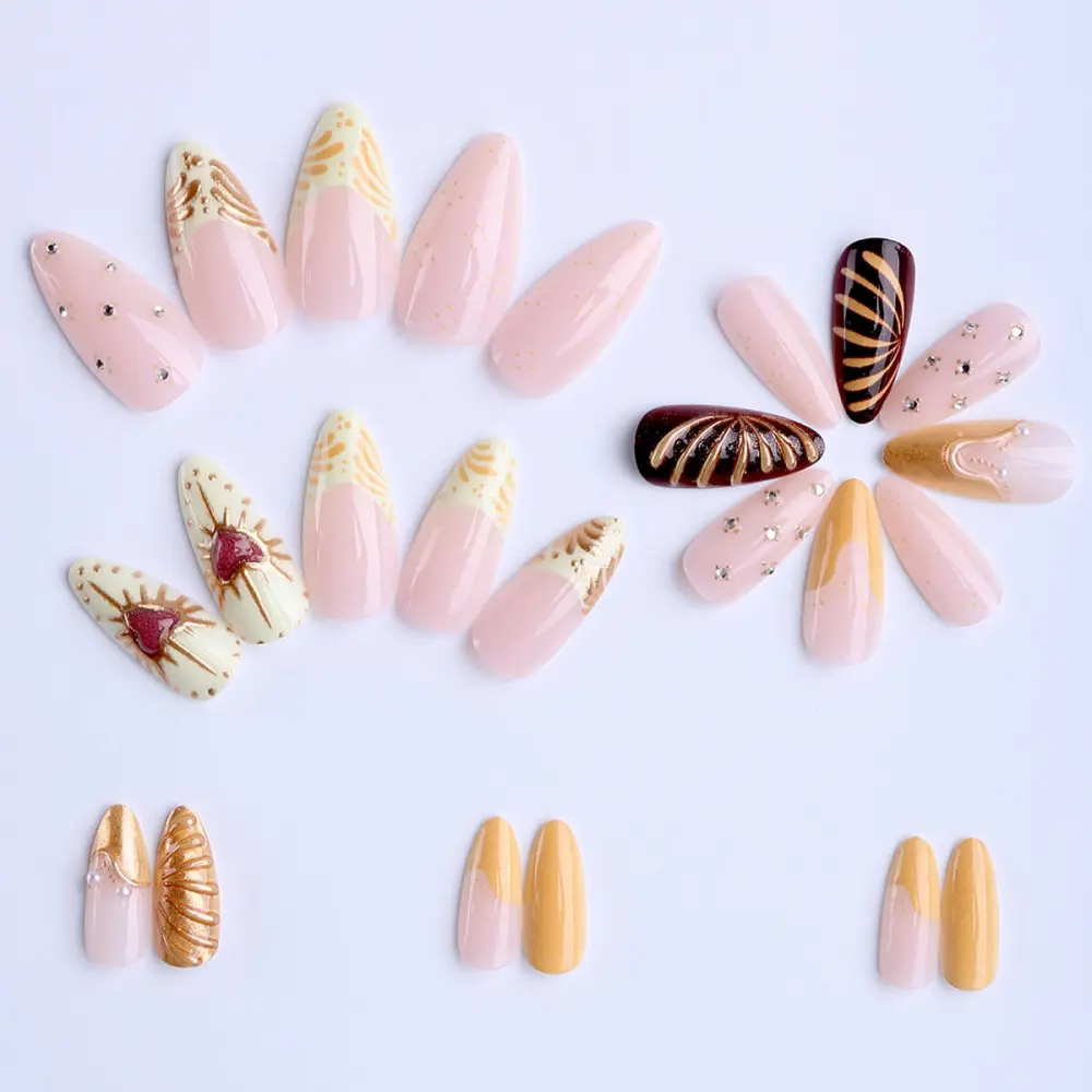 Nailhour 24Pcs French 3D Gilded Medium Almond Press On Nails